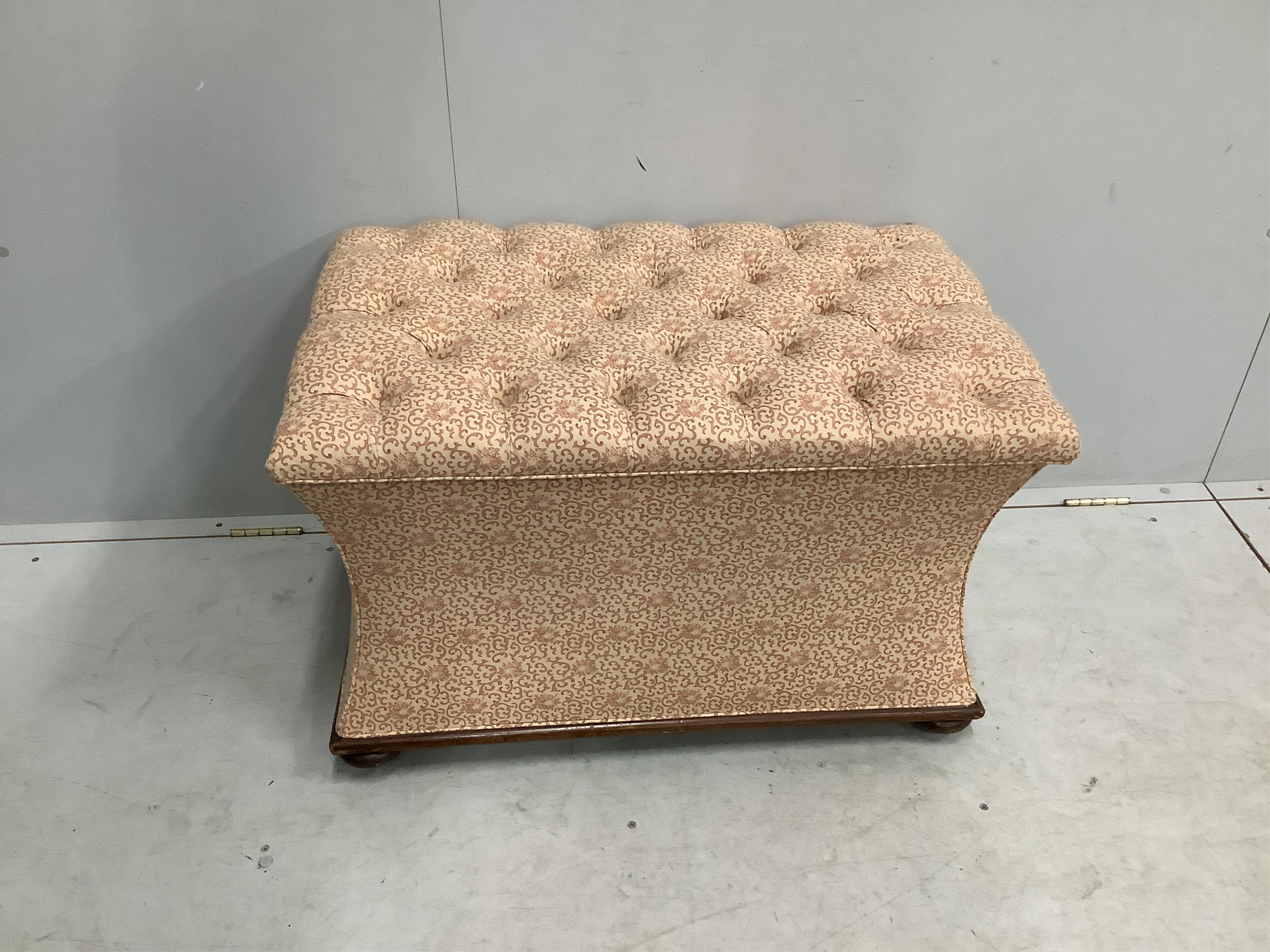 A Victorian upholstered ottoman stool, width 84cm, depth 52cm, height 53cm. Condition - fair to good, lacking one castor